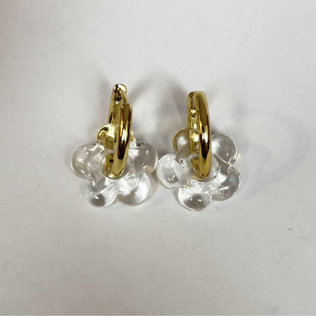 Fleur - Clear - Glass Flower Charm Hoops - Earrings