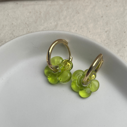 Fleur - Acid Green - Glass Flower Charm Hoops