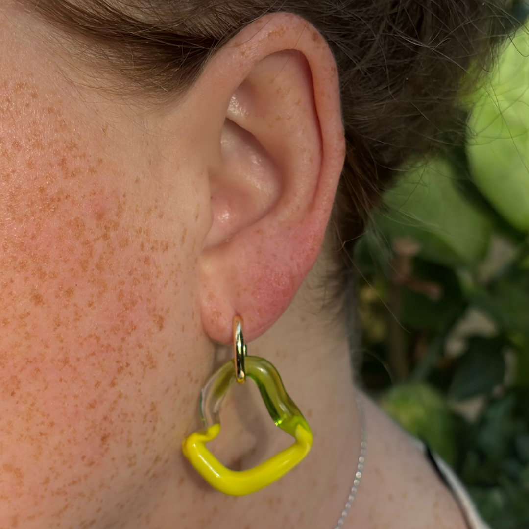Sibling Melts - Pair 004 - Bright Yellow, Lilac, Clear, Acid Green - Earrings
