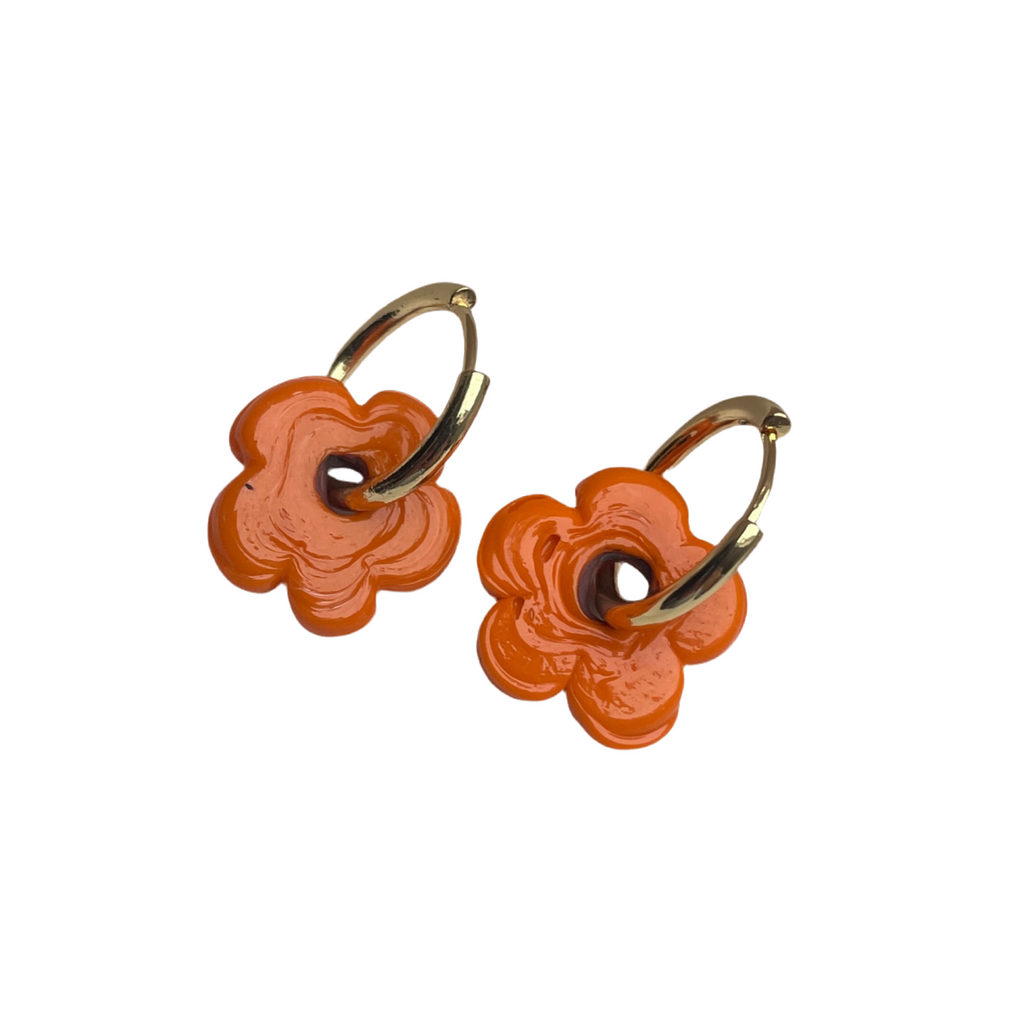 Fleur - Solid Orange - Glass Flower Charm Hoops