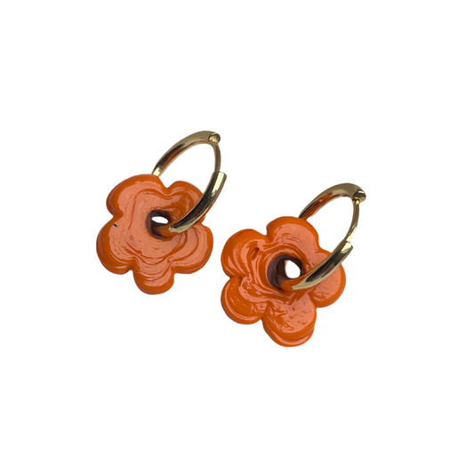 Fleur - Solid Orange - Glass Flower Charm Hoops