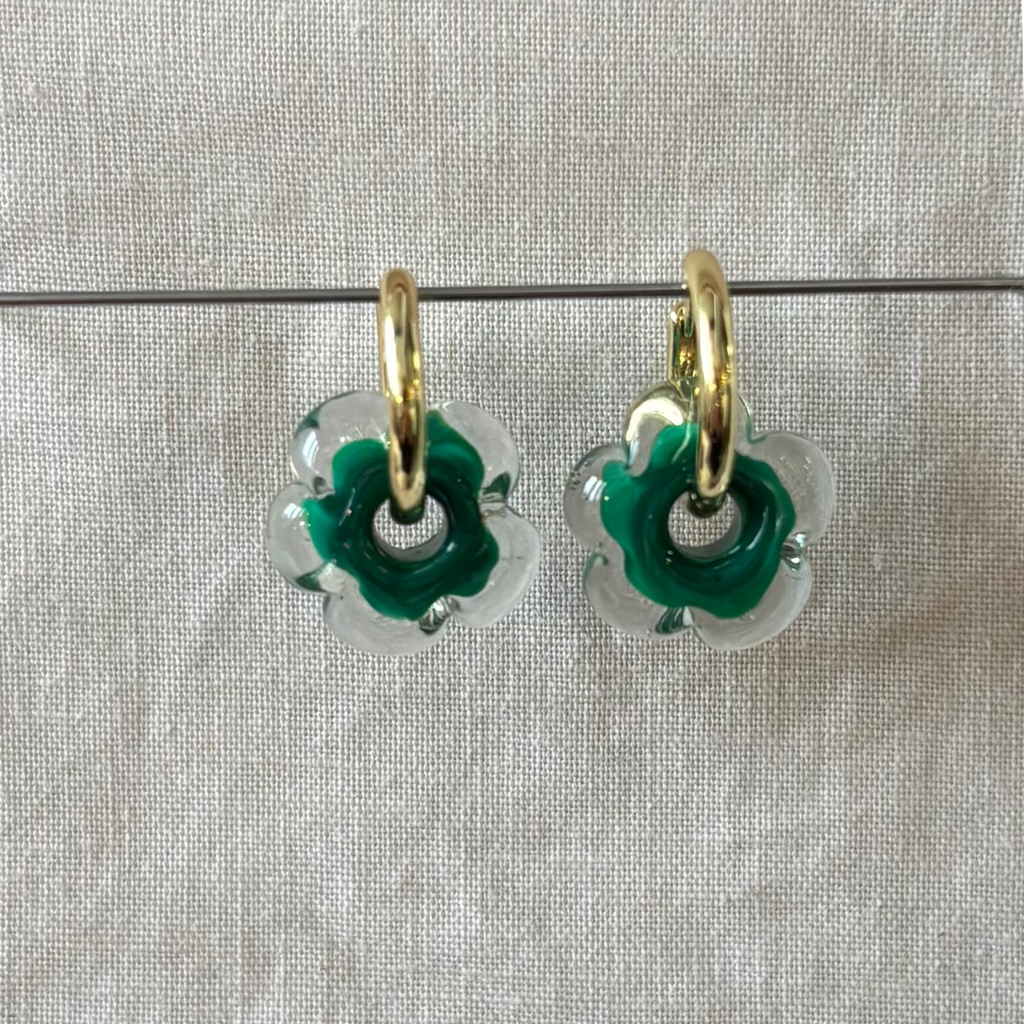 Fleur - Dark Jade and Clear - Glass Flower Charm Hoops Earring