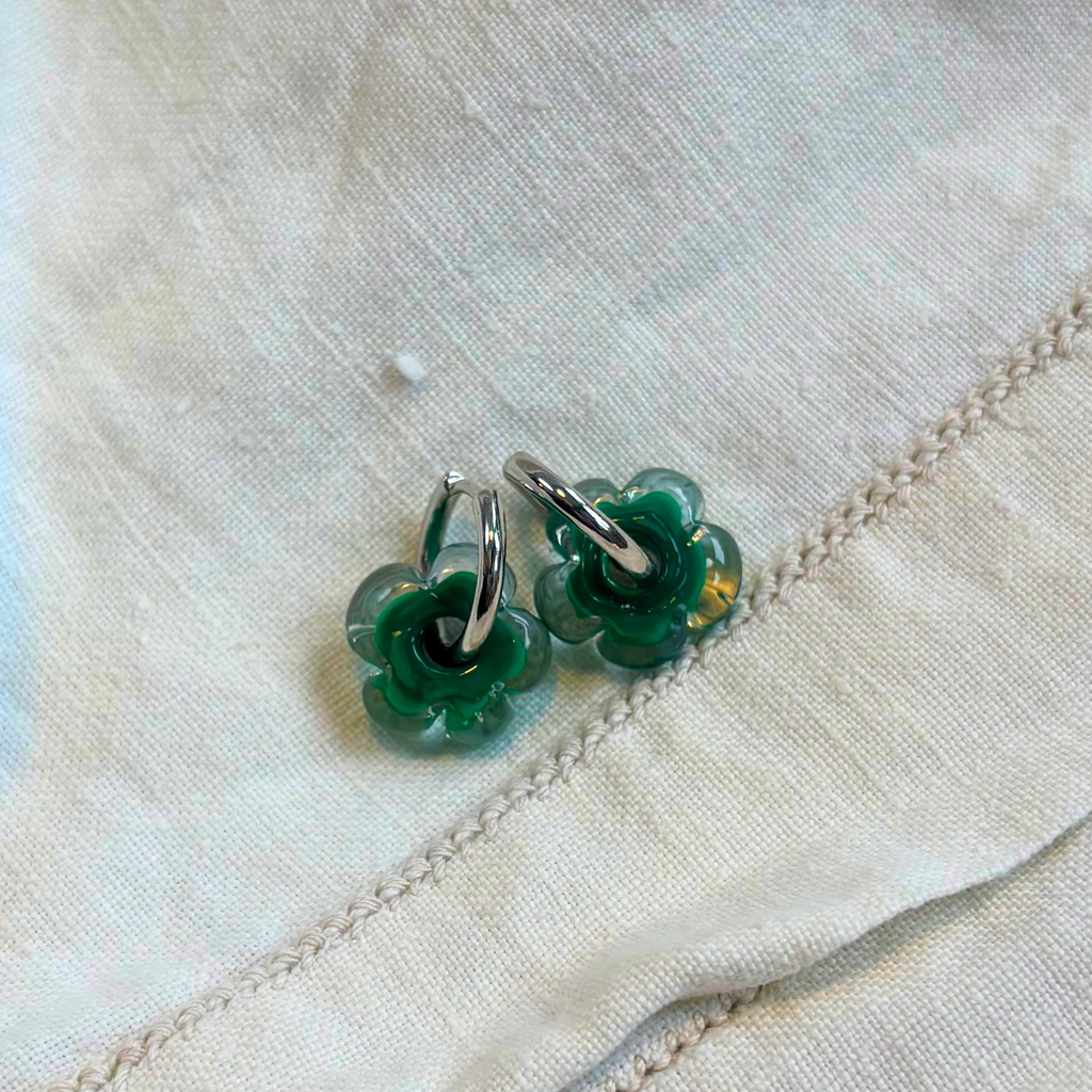 Fleur - Dark Jade and Clear - Glass Flower Charm Hoops Earring