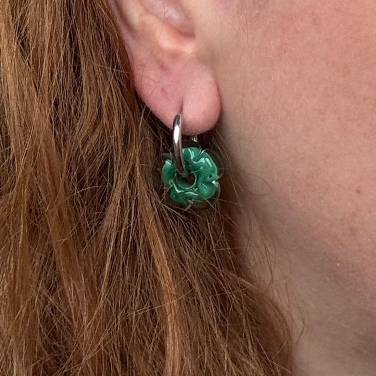 Fleur - Dark Jade and Clear - Glass Flower Charm Hoops Earring
