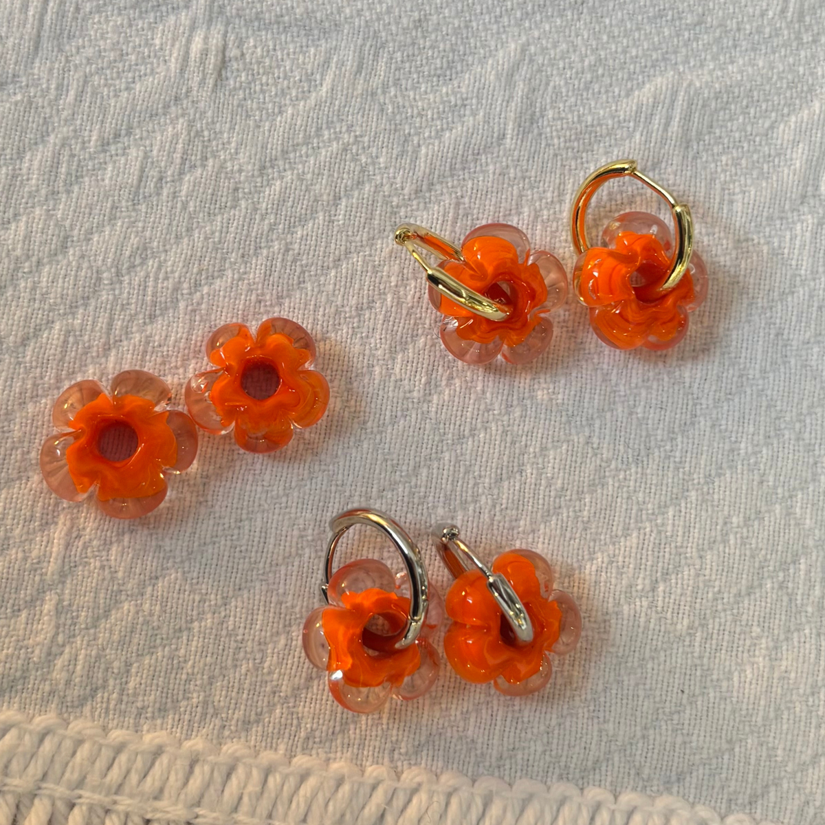 Fleur - Bright Orange and Clear - Glass Flower Charm Hoops Earring