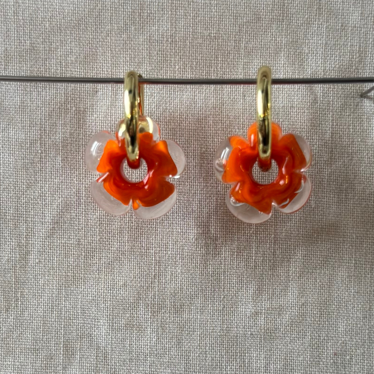 Fleur - Bright Orange and Clear - Glass Flower Charm Hoops Earring