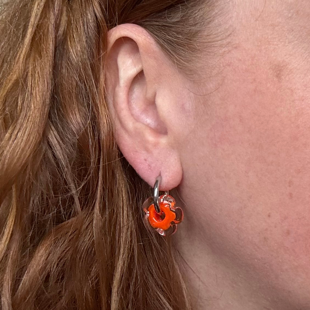 Fleur - Bright Orange and Clear - Glass Flower Charm Hoops Earring