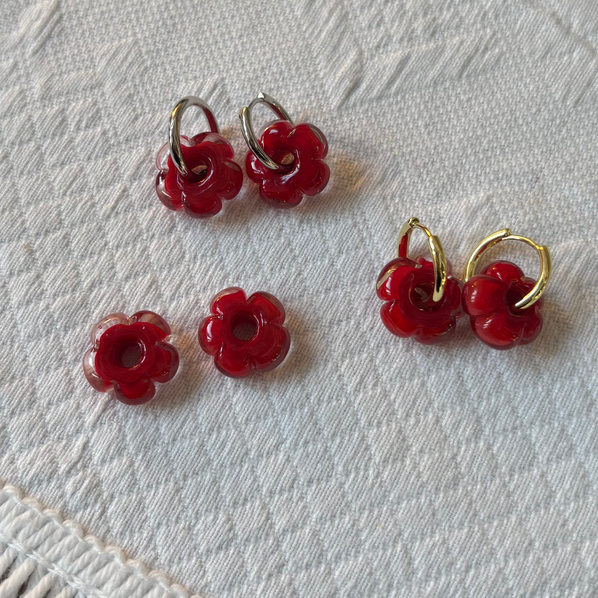 Fleur - Bright Red and Clear - Glass Flower Charm Hoops Earring