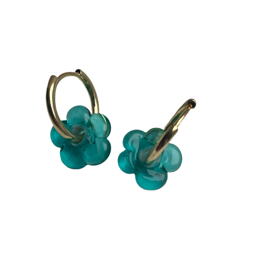 Fleur - Turquiose - Glass Flower Charm Hoops