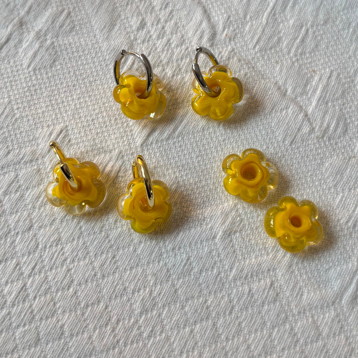 Fleur - Yellow and Clear - Glass Flower Charm Hoops Earring