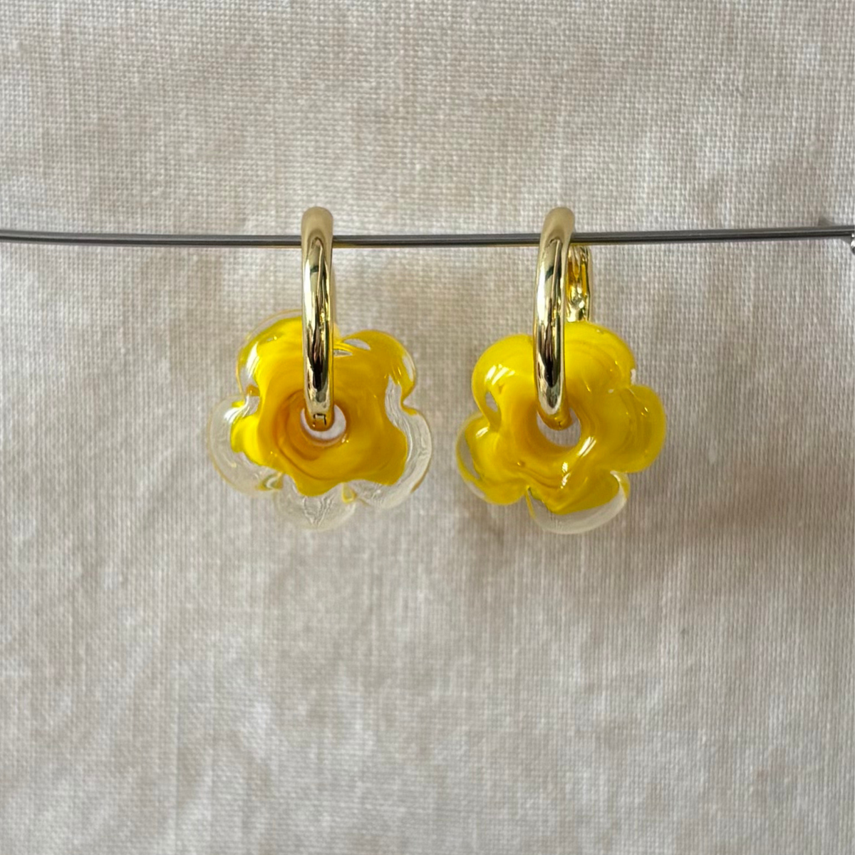 Fleur - Yellow and Clear - Glass Flower Charm Hoops Earring
