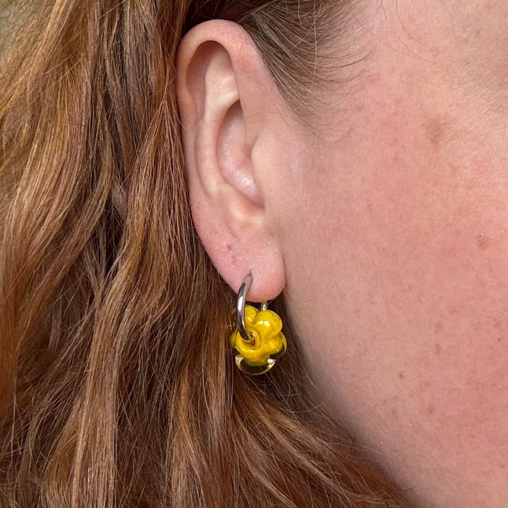 Fleur - Yellow and Clear - Glass Flower Charm Hoops Earring