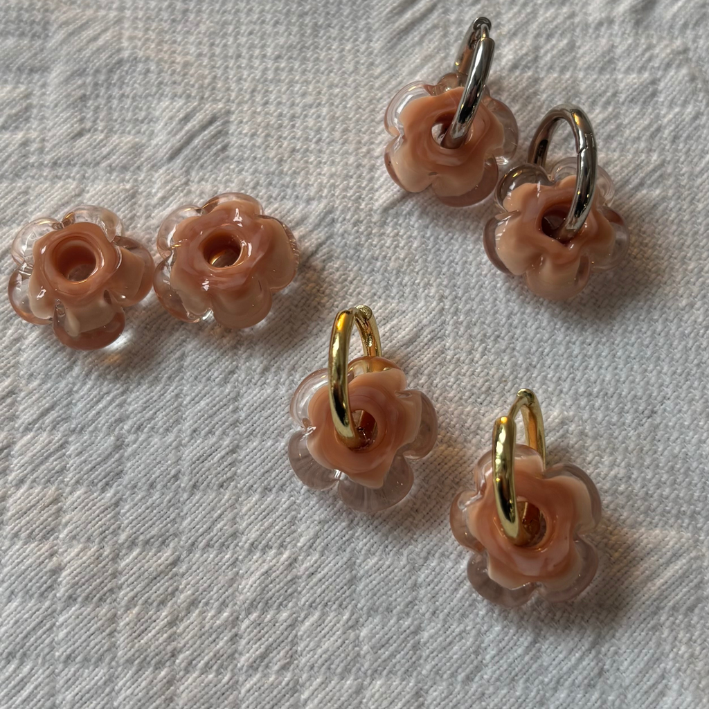Fleur - Pale Peach and Clear - Glass Flower Charm Hoops Earring