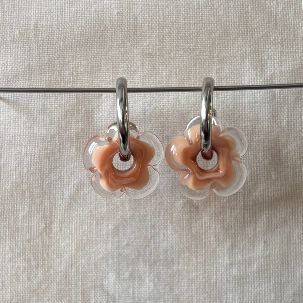 Fleur - Pale Peach and Clear - Glass Flower Charm Hoops Earring