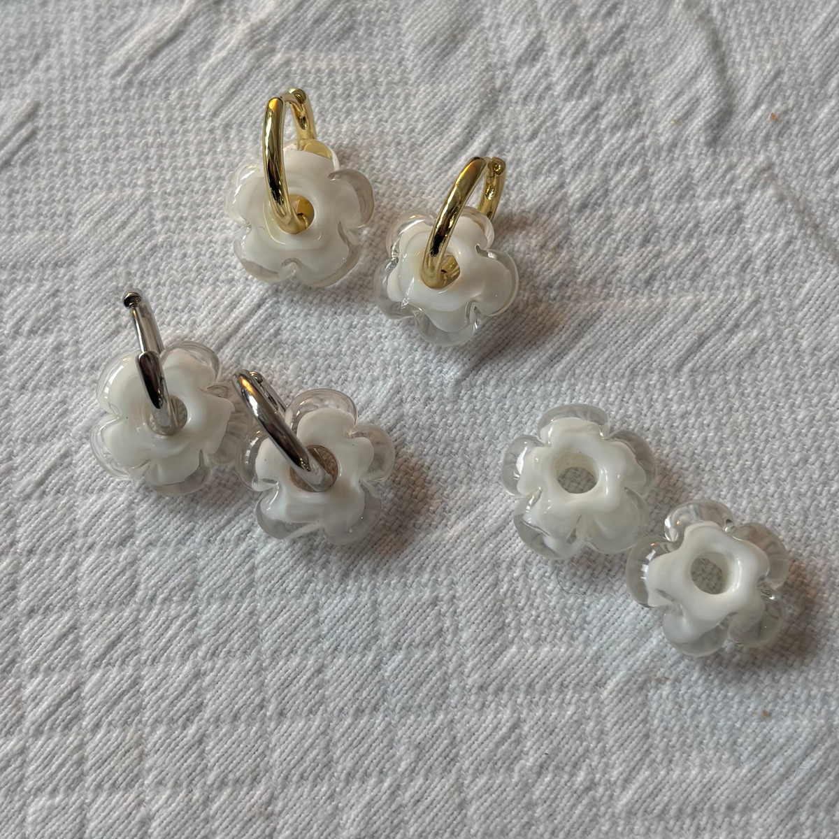 Fleur - White and Clear - Glass Flower Charm Hoops Earring