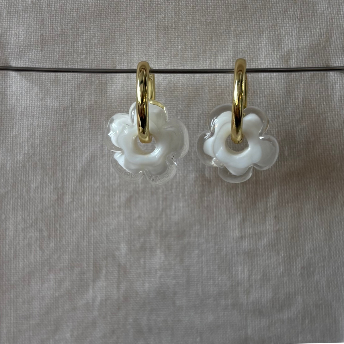 Fleur - White and Clear - Glass Flower Charm Hoops Earring