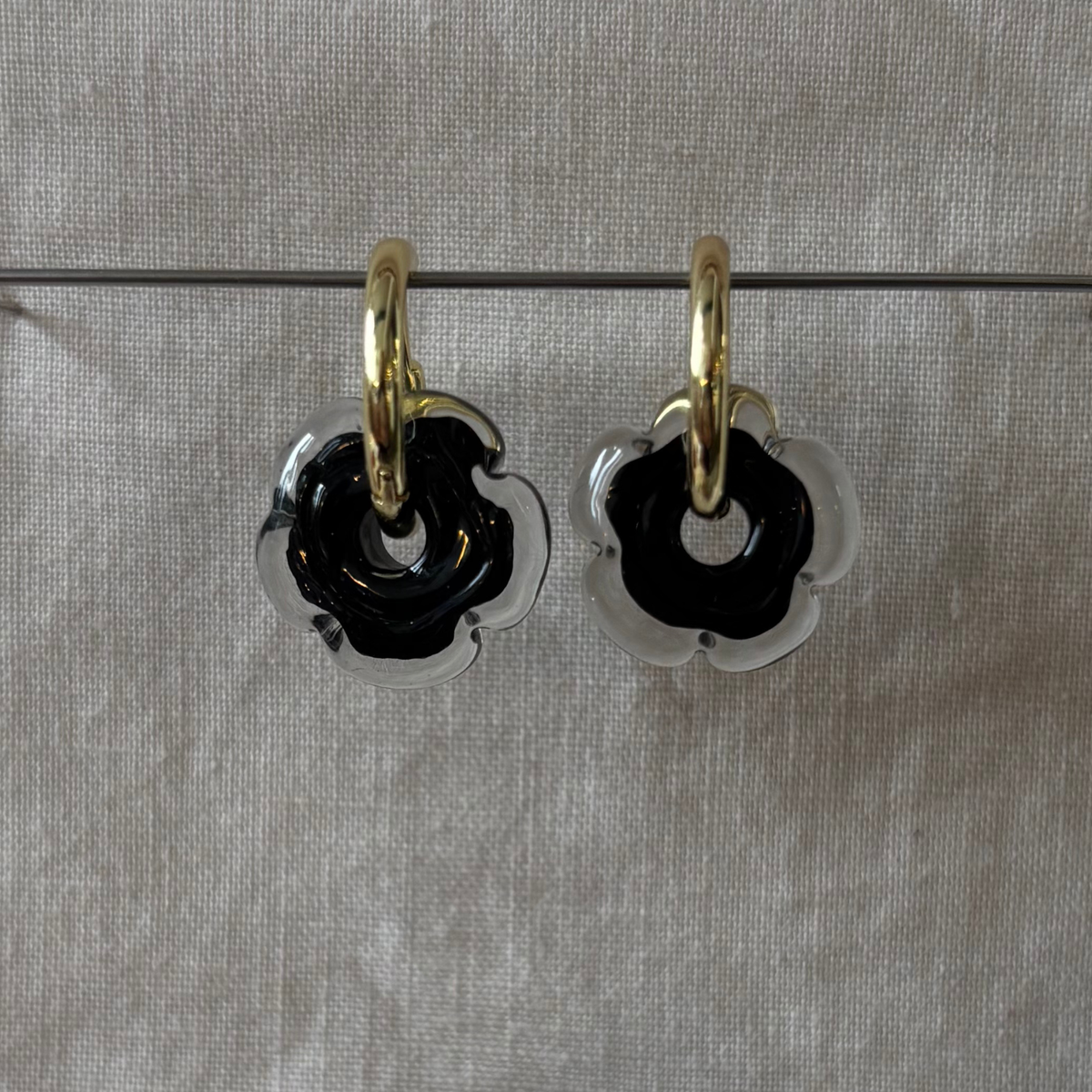 Fleur - Black and Clear - Glass Flower Charm Hoops Earring