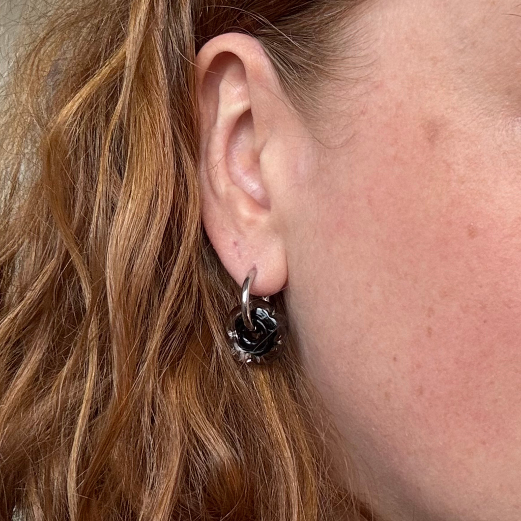 Fleur - Black and Clear - Glass Flower Charm Hoops Earring