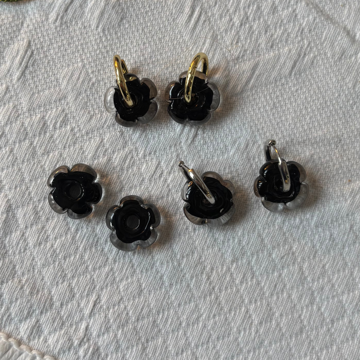 Fleur - Black and Clear - Glass Flower Charm Hoops Earring
