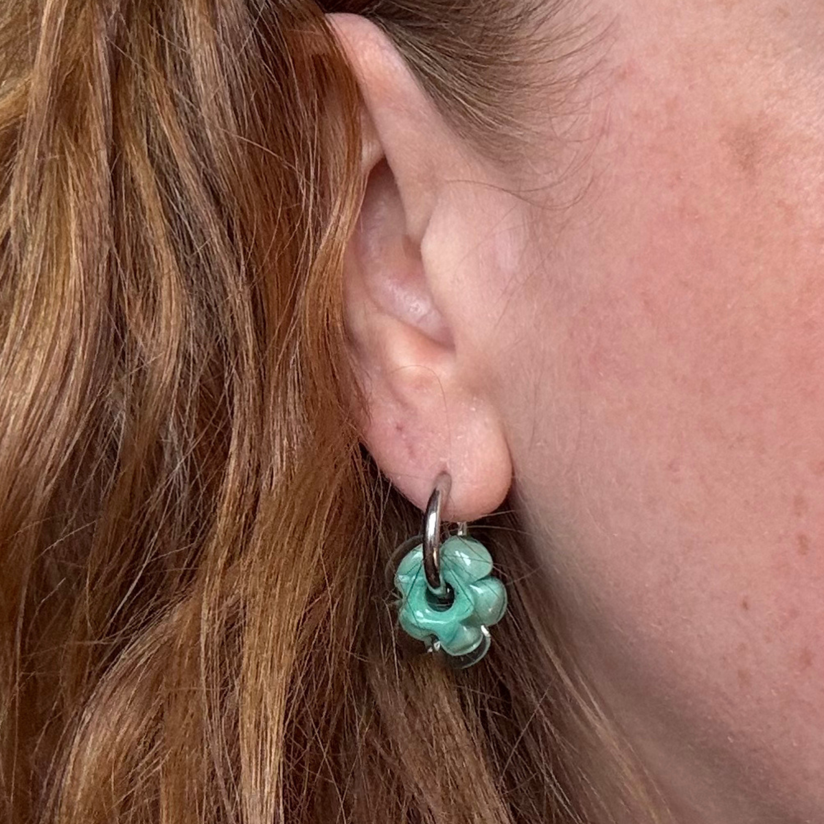 Fleur - Seafoam and Clear - Glass Flower Charm Hoops Earring