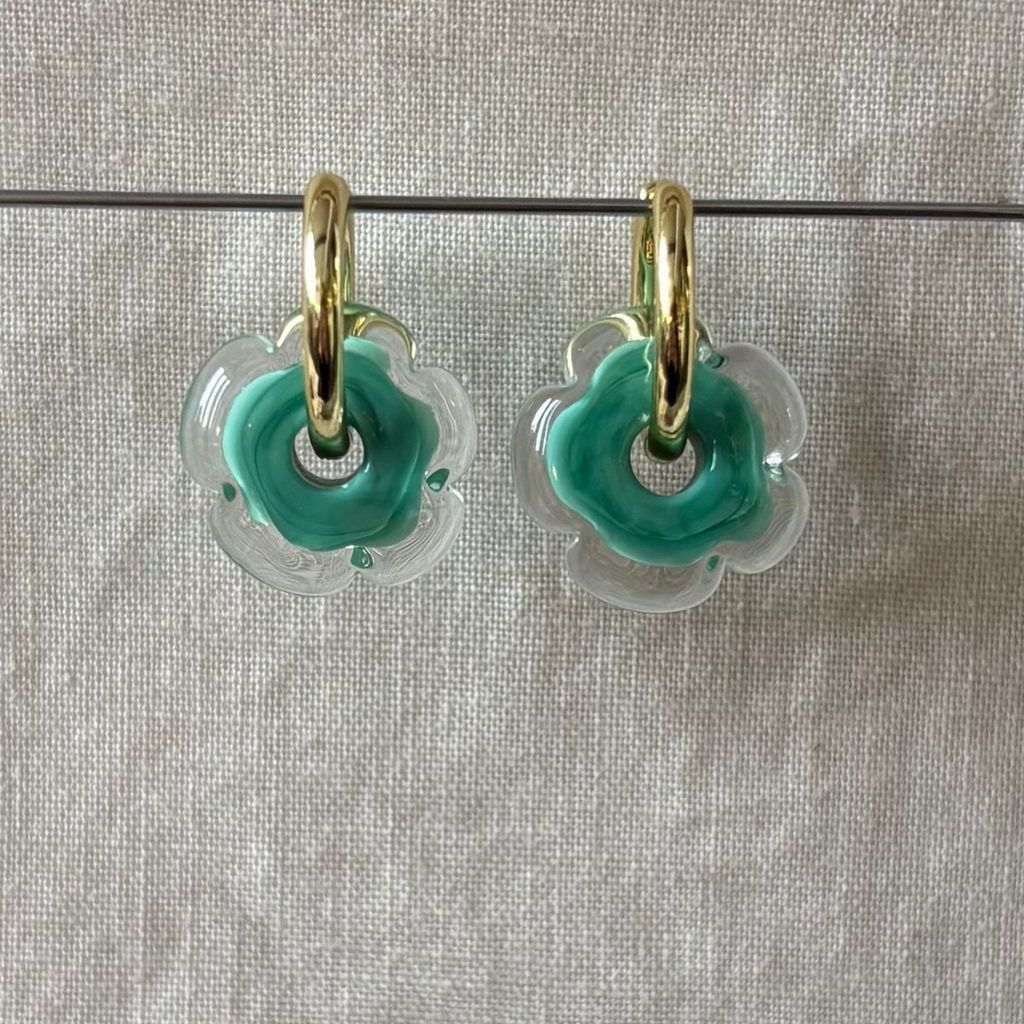 Fleur - Seafoam and Clear - Glass Flower Charm Hoops Earring