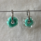 Fleur - Seafoam and Clear - Glass Flower Charm Hoops Earring