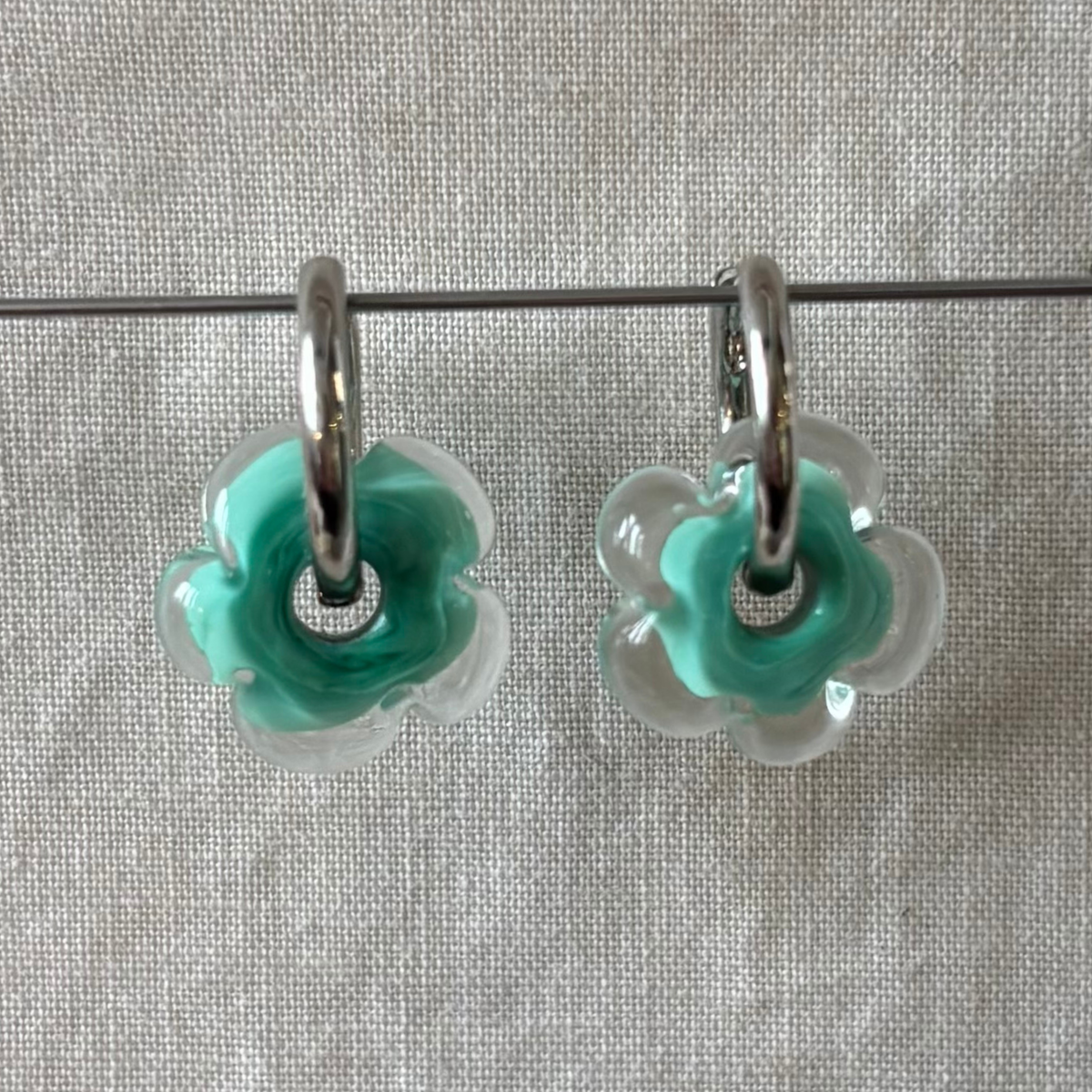 Fleur - Seafoam and Clear - Glass Flower Charm Hoops Earring
