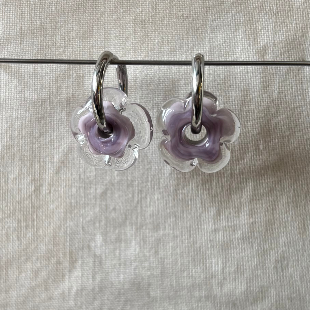 Fleur - Pale Lilac and Clear - Glass Flower Charm Hoops Earring