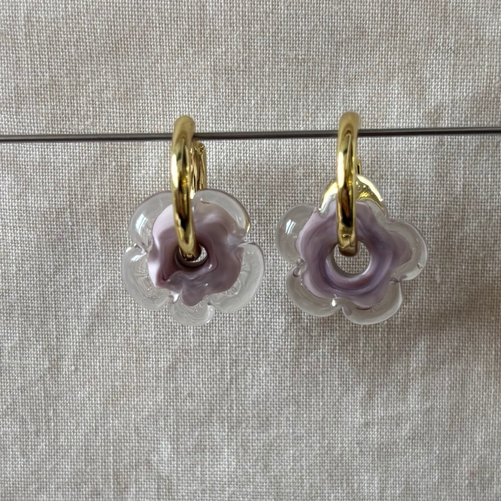 Fleur - Pale Lilac and Clear - Glass Flower Charm Hoops Earring