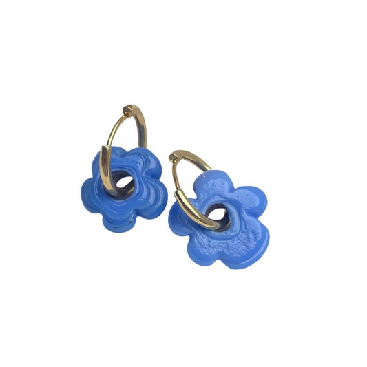 Fleur - Solid Blue - Glass Flower Charm Hoops