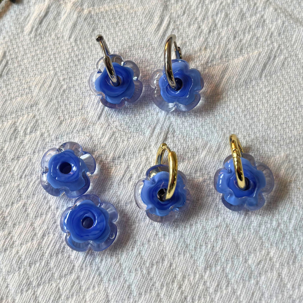 Fleur - Cornflower Blue and Clear - Glass Flower Charm Hoops Earring