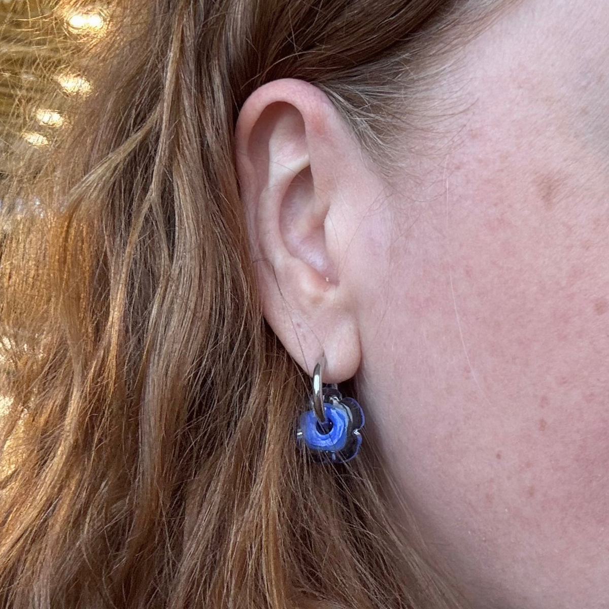 Fleur - Cornflower Blue and Clear - Glass Flower Charm Hoops Earring