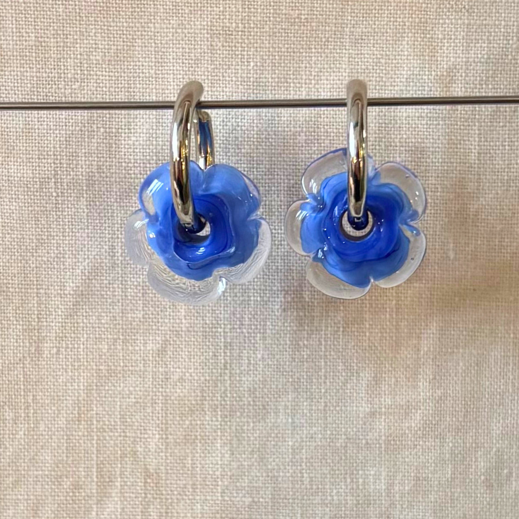 Fleur - Cornflower Blue and Clear - Glass Flower Charm Hoops Earring