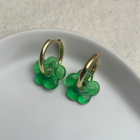 Fleur - Emerald Green - Glass Flower Charm Hoops