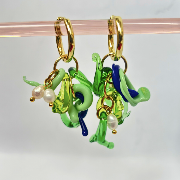 Murano Glass Mini Melt and Mini Vintage Pearl Earrings Green / Blue