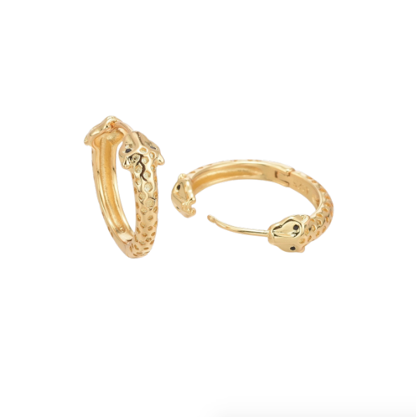 Gold hoop earrings with a small snake design on a white background
