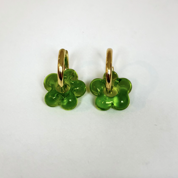 Fleur - Acid Green - Glass Flower Charm Hoops - Earrings