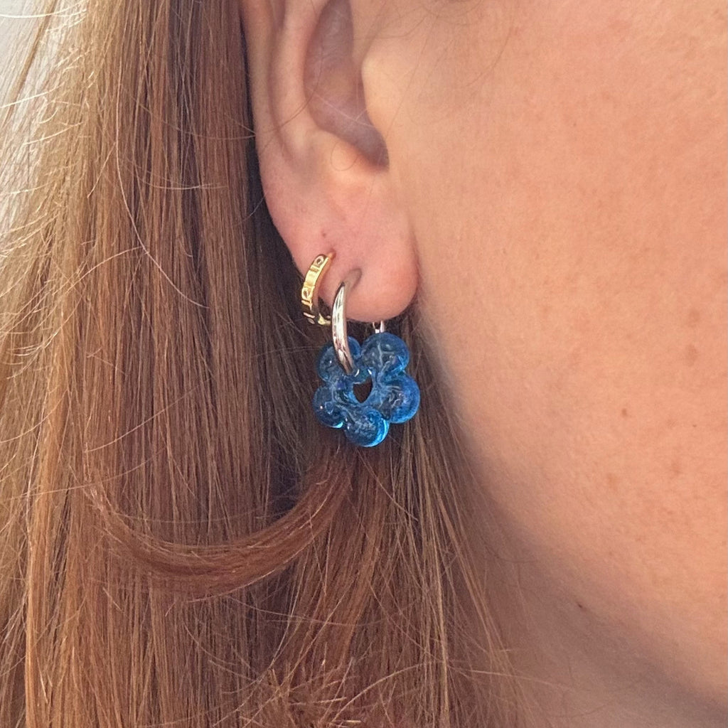 Fleur - Palest Blue - Glass Flower Charm Hoops - Earrings