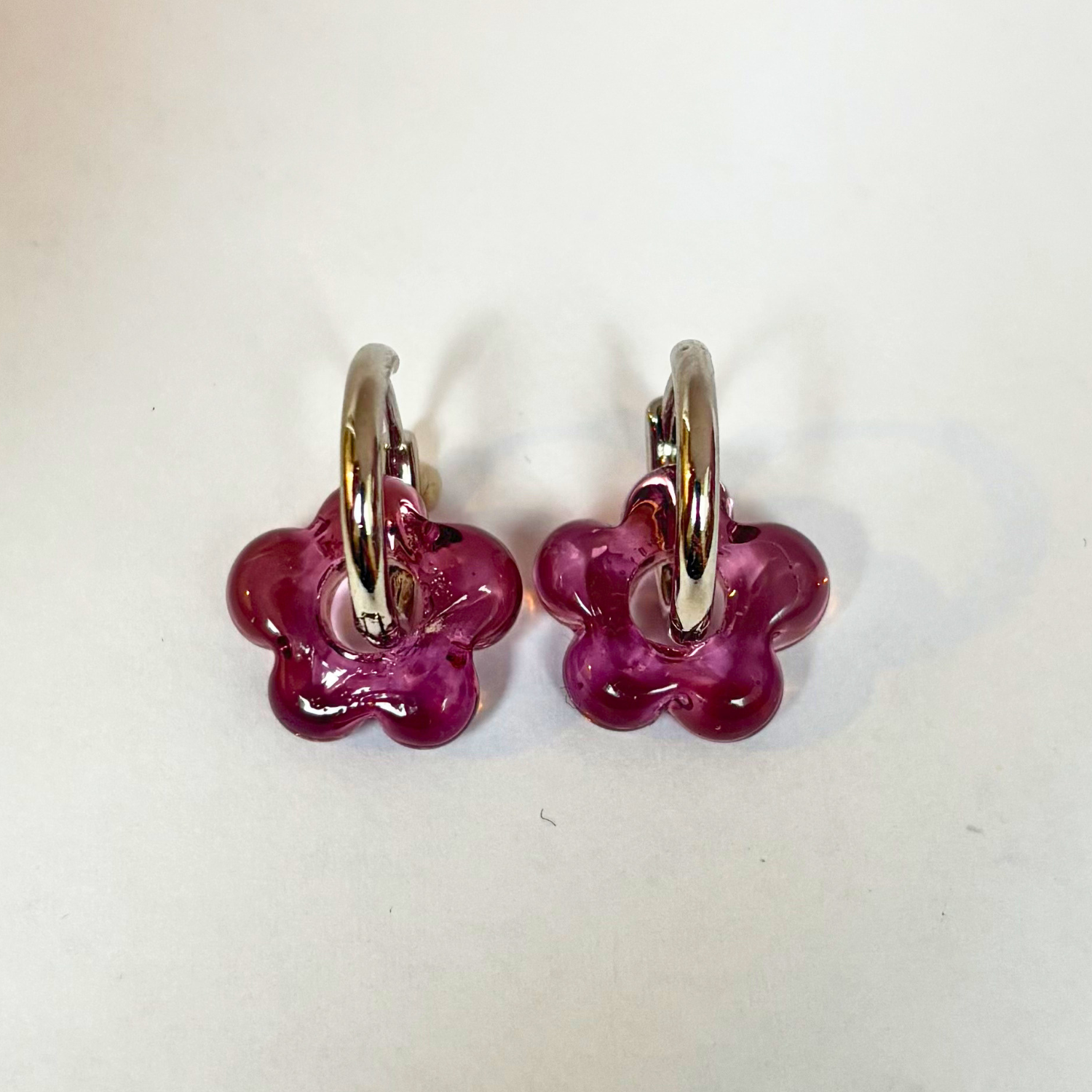 Fleur - Amethyst - Glass Flower Charm Hoops - Earrings