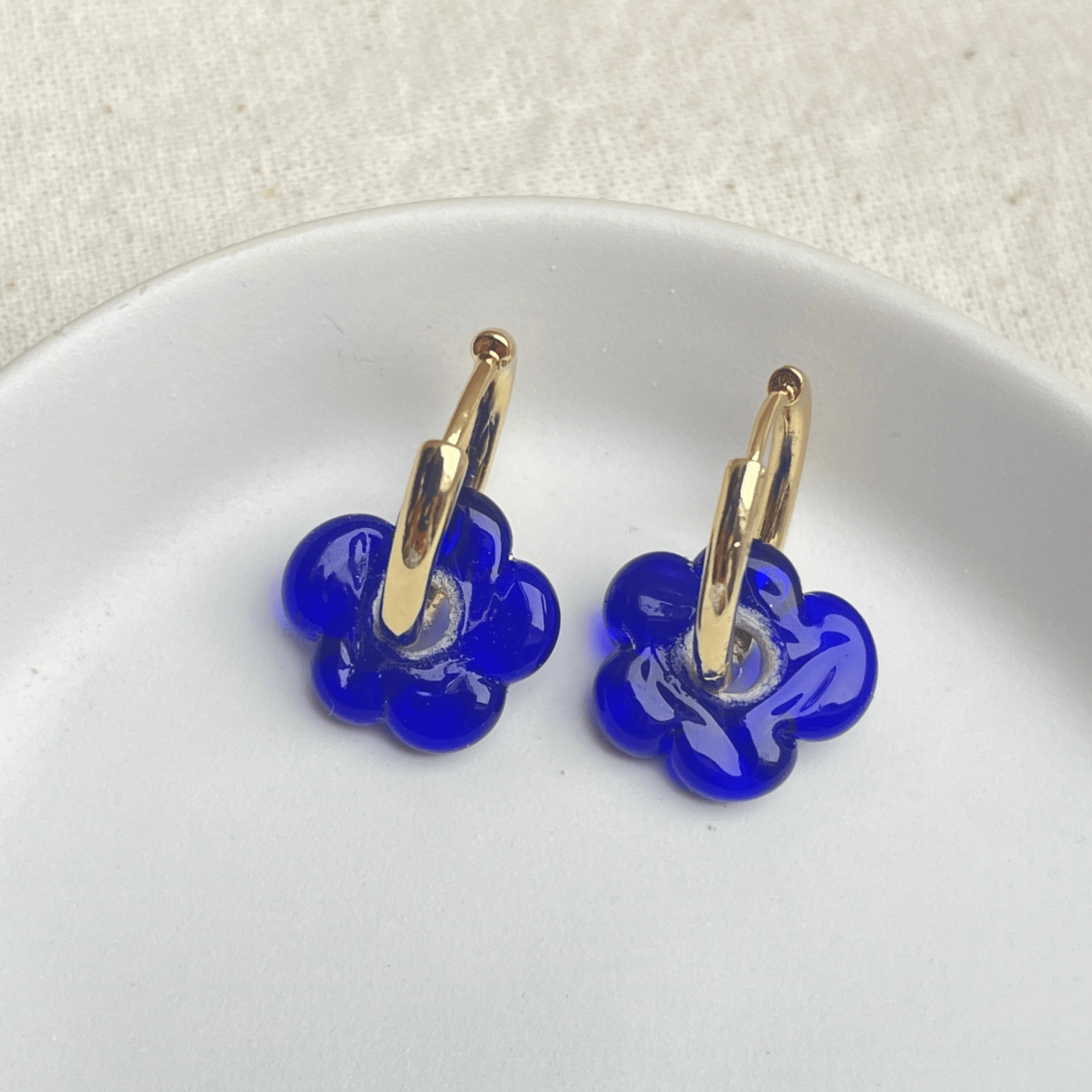 Fleur - Cobolt Blue - Glass Flower Charm Hoops - Earrings - Easthope Studio - Murano Glass
