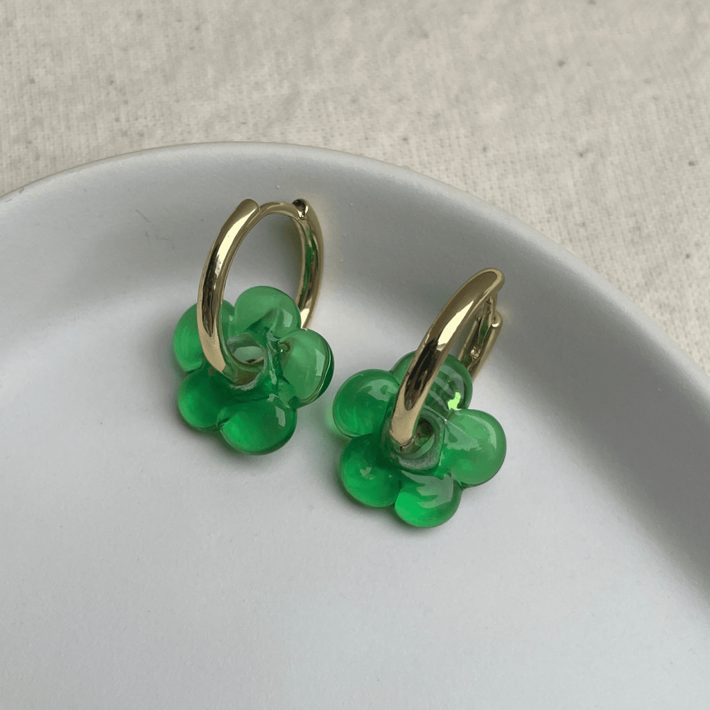 Fleur - Emerald Green - Glass Flower Charm Hoops - Earrings - Easthope Studio - Murano Glass