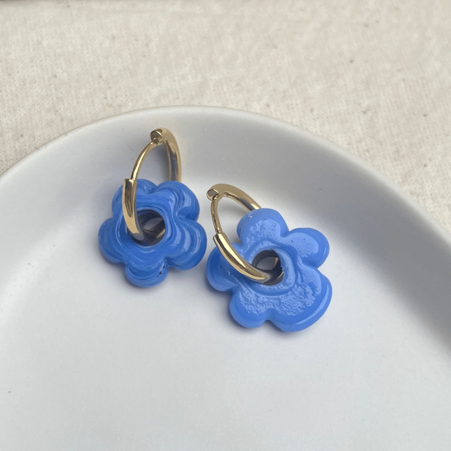 Fleur - Solid Blue - Glass Flower Charm Hoops Earrings - Easthope Studio - Murano Glass