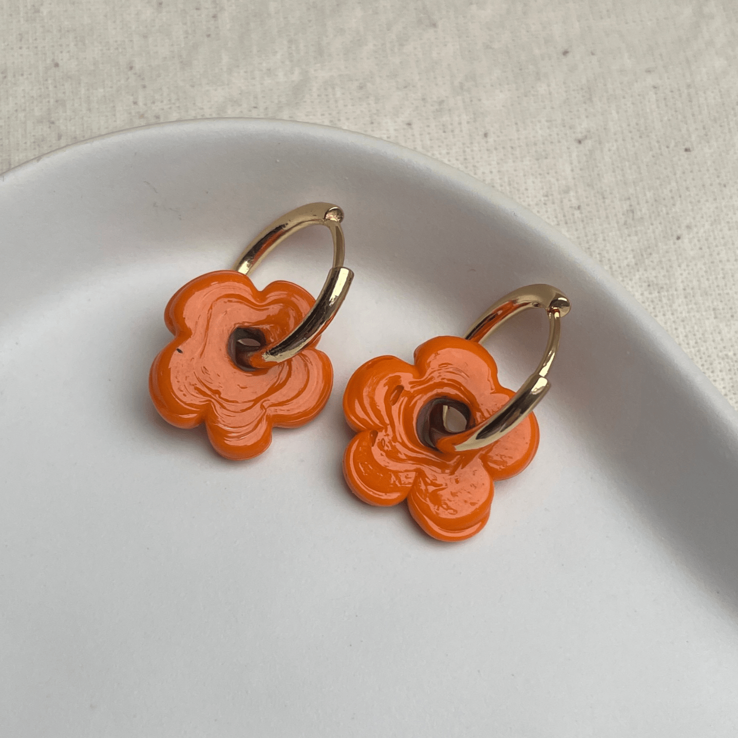 Fleur - Solid Orange - Glass Flower Charm Hoops Earrings - Easthope Studio - Murano Glass