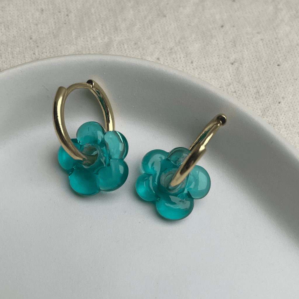 Fleur - Turquiose - Glass Flower Charm Hoops - Earrings - Easthope Studio - Murano Glass